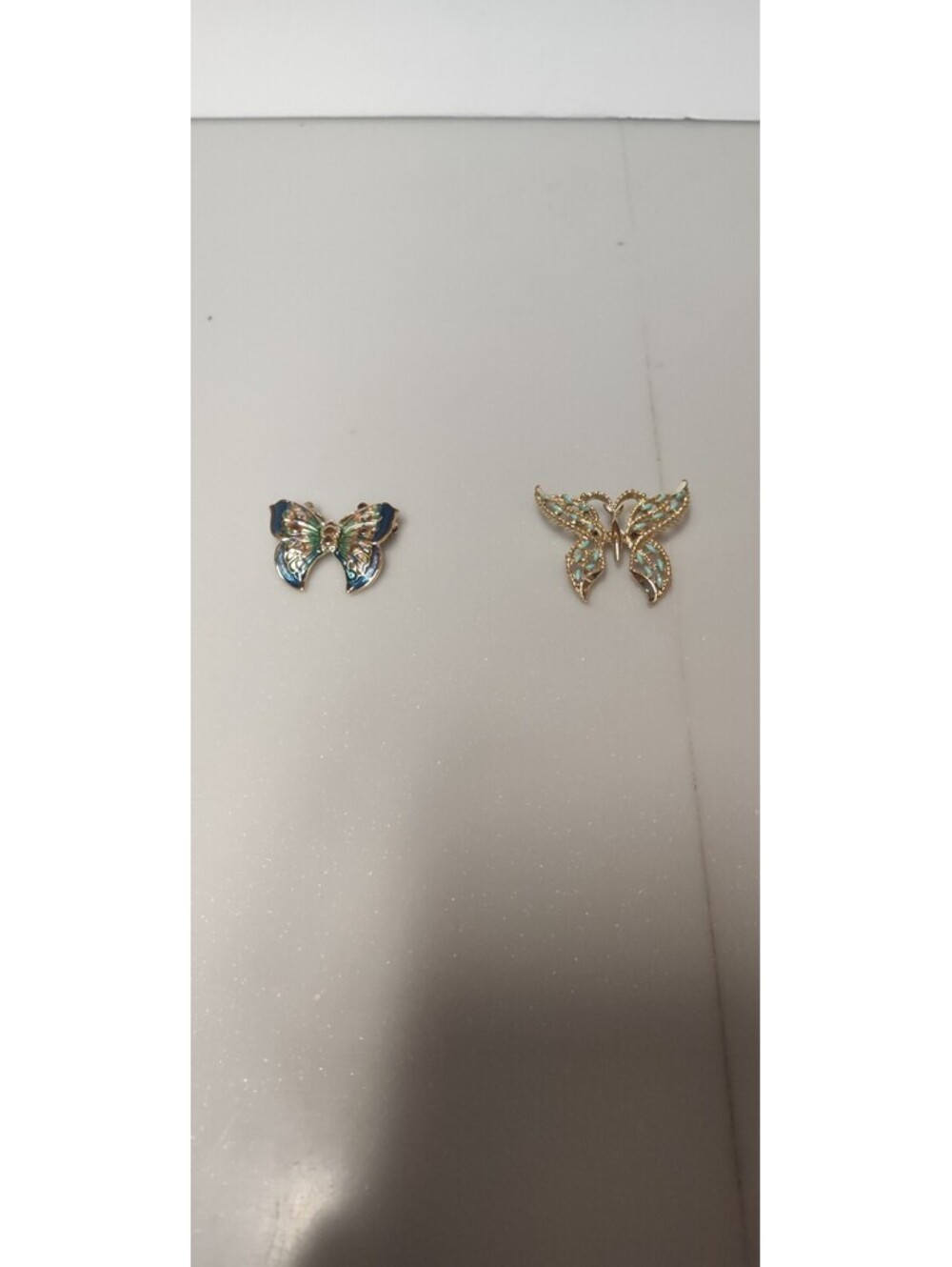 Vintage Gem-Craft SFJ Butterfly Brooch Pair Enamel Rhinestone Gold Tone Signed